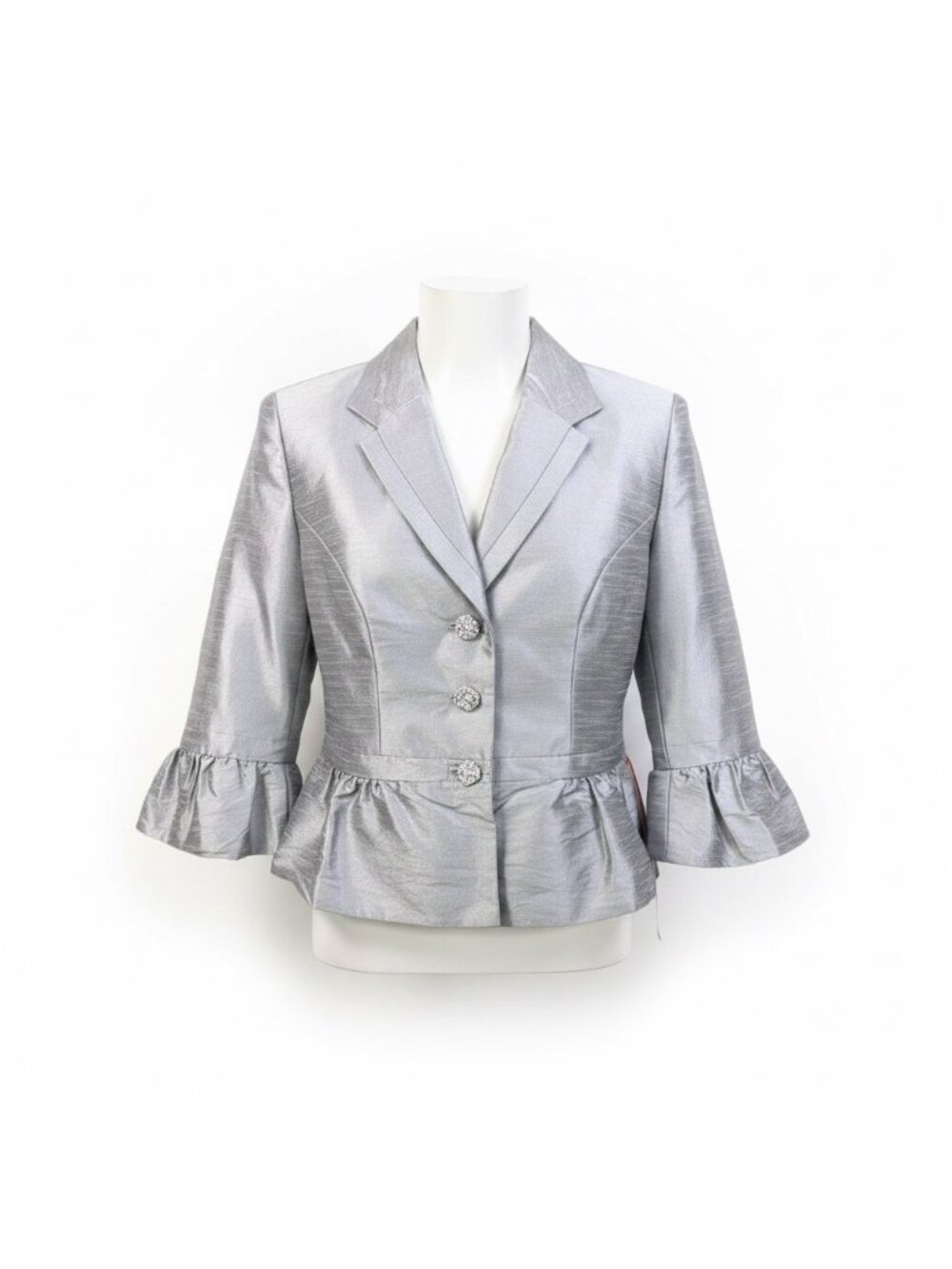 JS Collections Womens Silver Ruffled Peplum Blazer Jacket Size 8